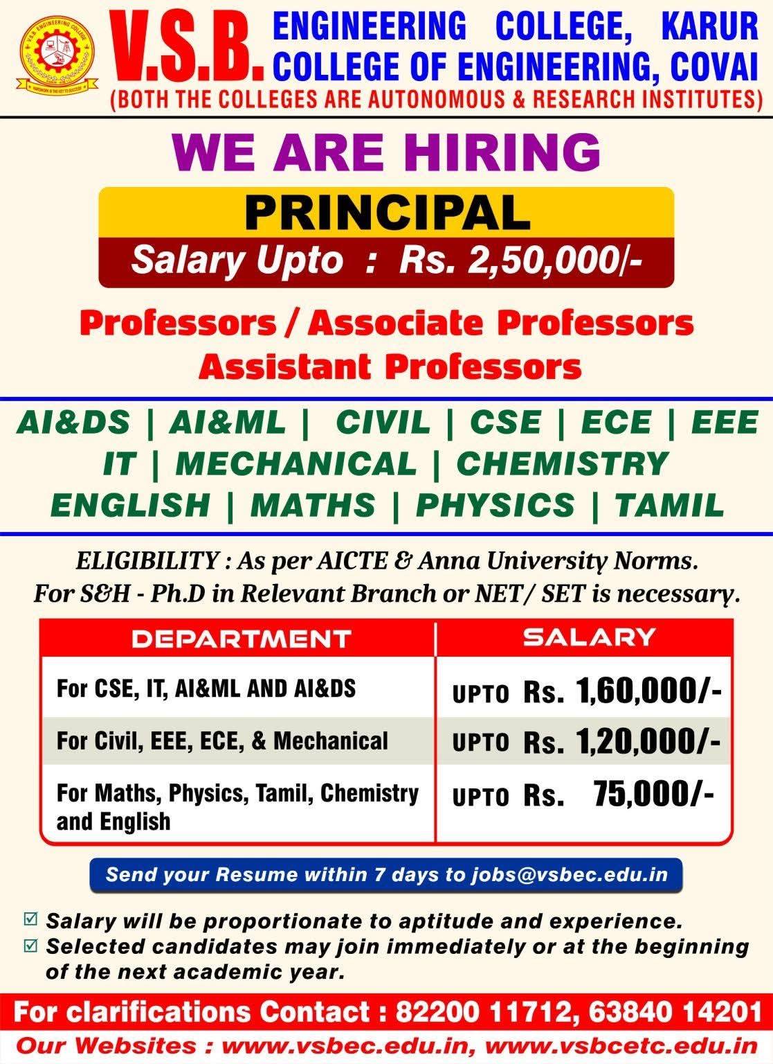 Hiring Faculty & Principal at V.S.B. Engineering College