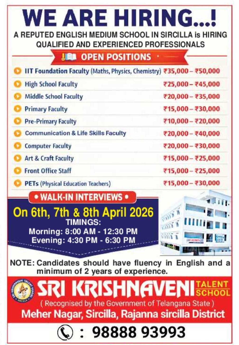 Hiring Faculty: Sri Krishnaveni Talent School