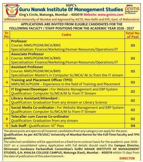 Hiring Faculty & Staff at Guru Nanak Institute of Management Studies