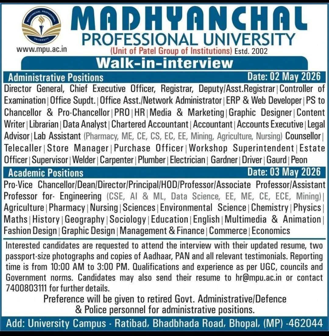 Hiring Faculty & Staff at Madhyanchal Professional University
