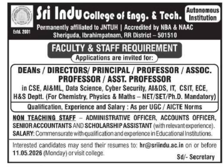 Hiring Faculty & Staff at Sri Indu College of Engg. & Tech.