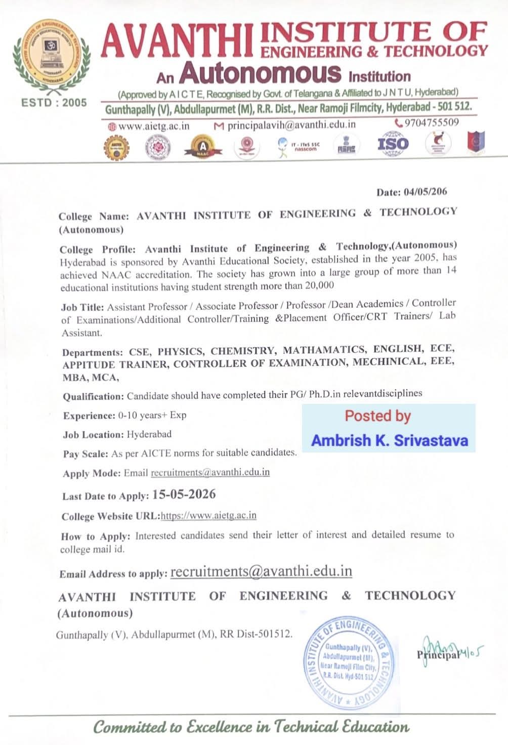 Hiring Faculty & Technical Staff at Avanthi Institute