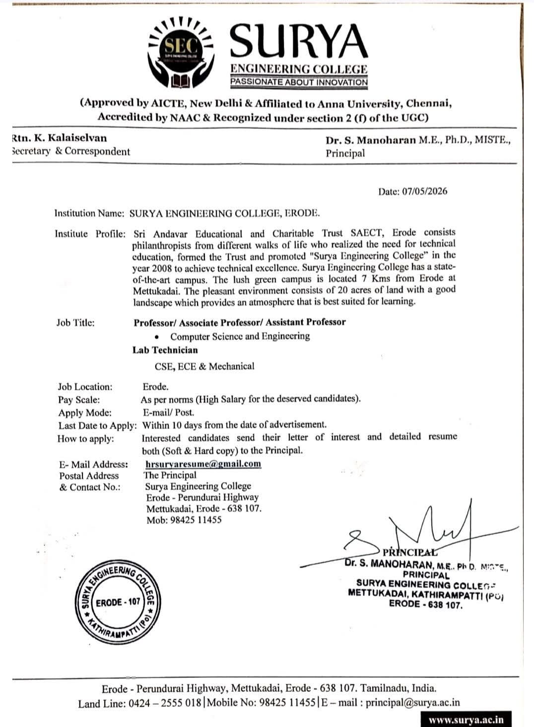 Hiring Faculty & Technical Staff at Surya Engineering College
