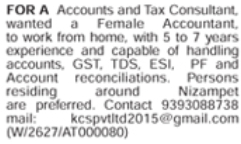 Hiring  Female Accountant