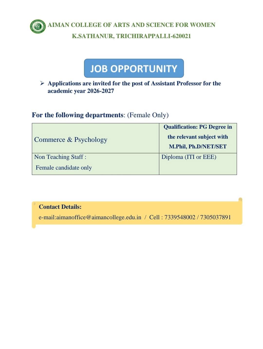 Hiring Female Faculty and Staff at AIMAN College of Arts and Science for Women