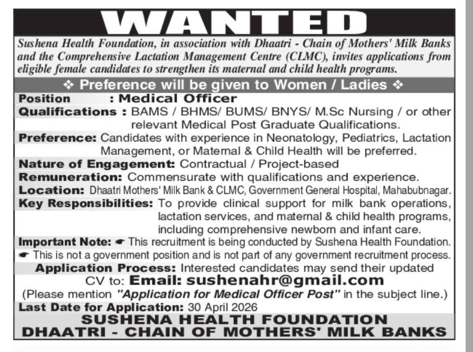 Hiring Female Medical Officer At Sushena Health Foundation