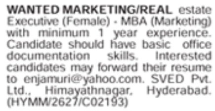 Hiring Female Real Estate Marketing Executive