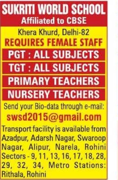 Hiring: Female Teaching Staff at Sukriti World School