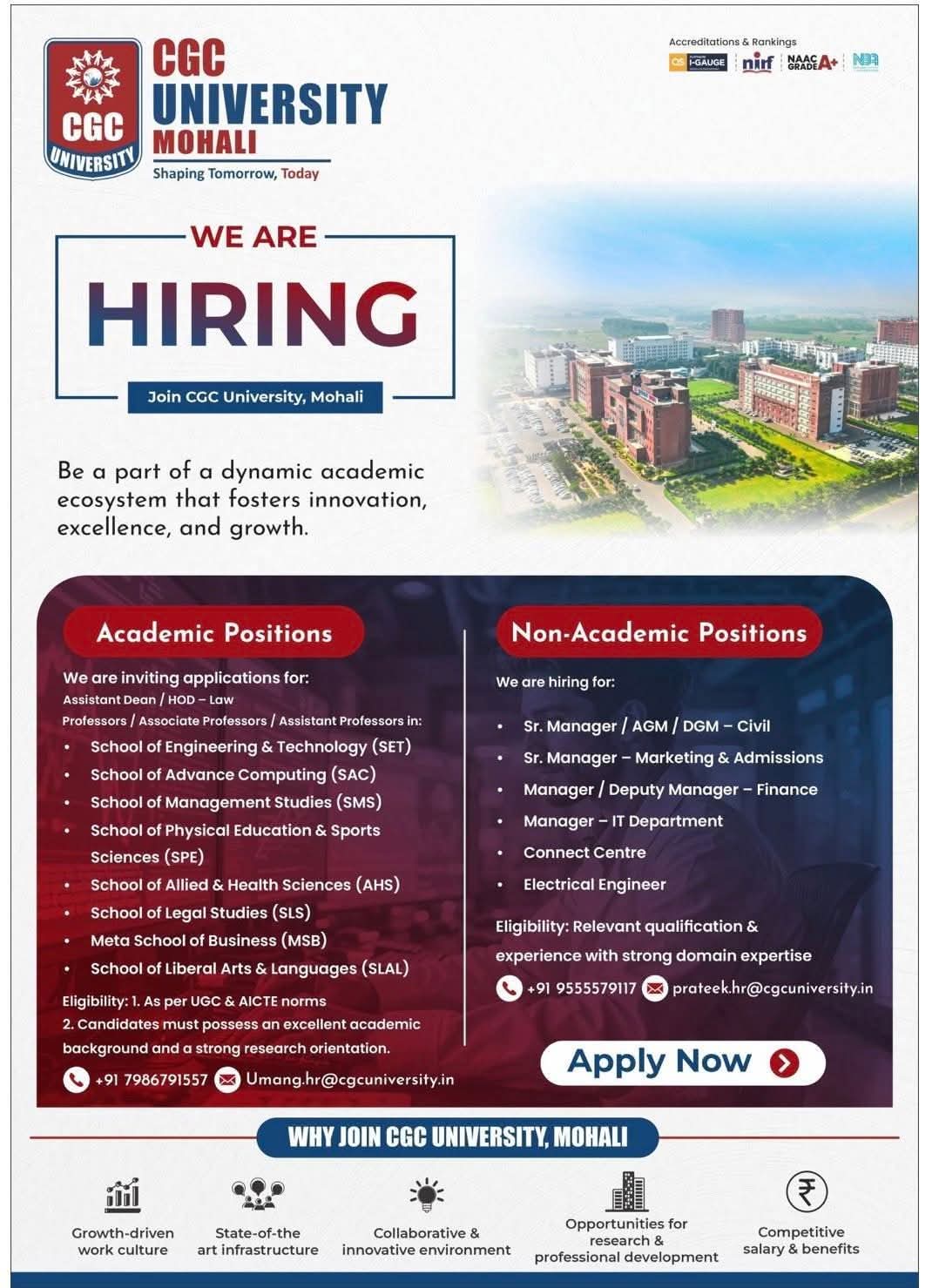 Hiring for Academic and Non-Academic positions at CGC University