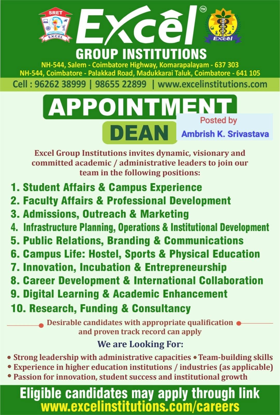 Hiring For Dean Positions at Excel Group Institutions