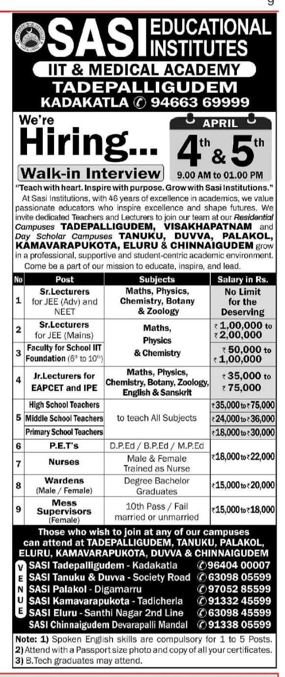 Hiring For Sasi Educational Institutes