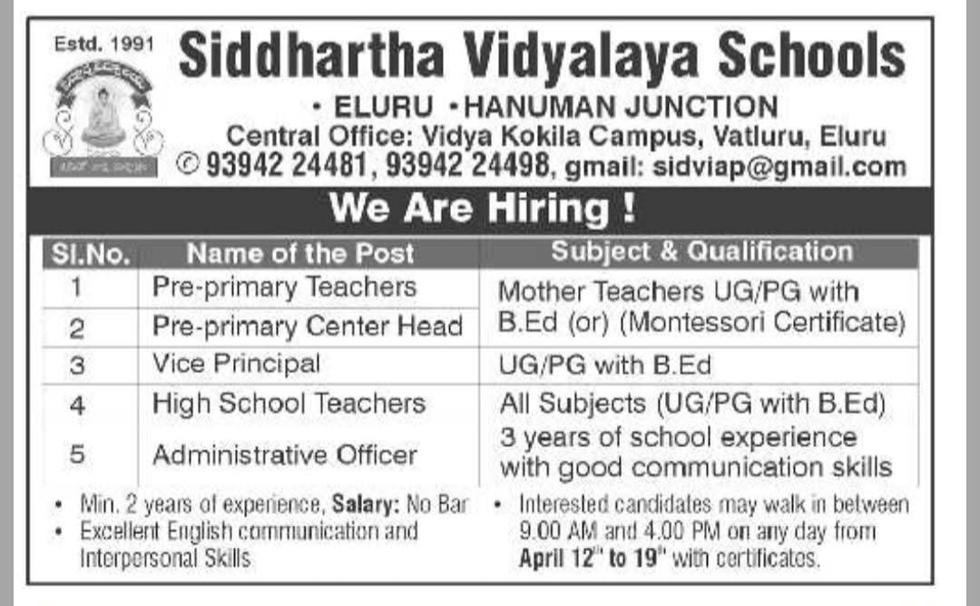 Hiring For Siddhartha Vidyalaya Schools