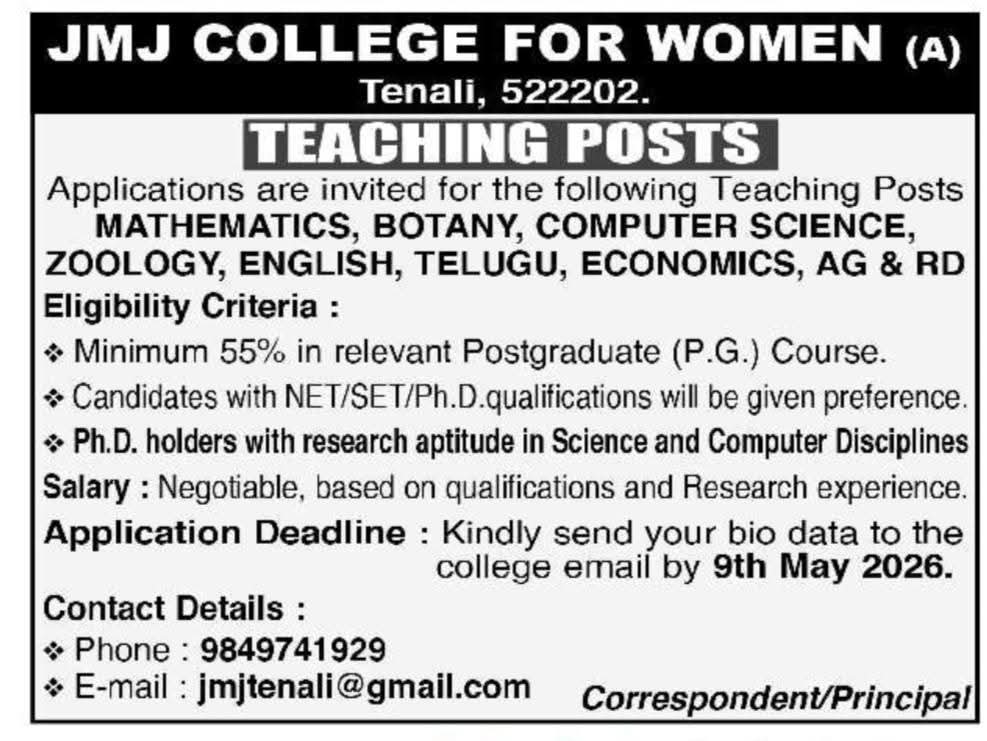 Hiring For Teaching Posts At JMJ College For Women