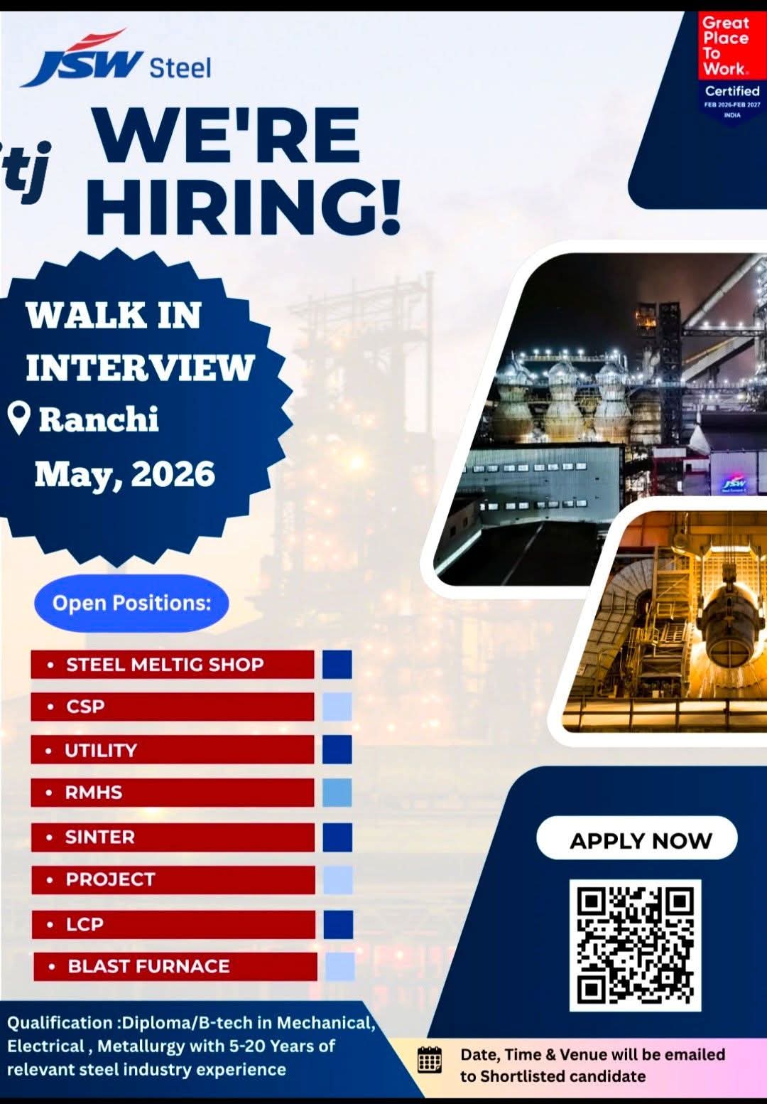 Hiring for Various Steel Plant Operations