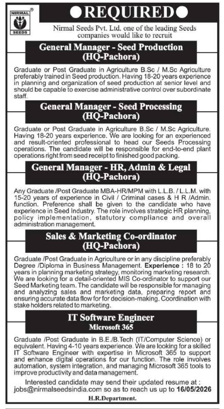 Hiring General Managers and IT Professionals at Nirmal Seeds