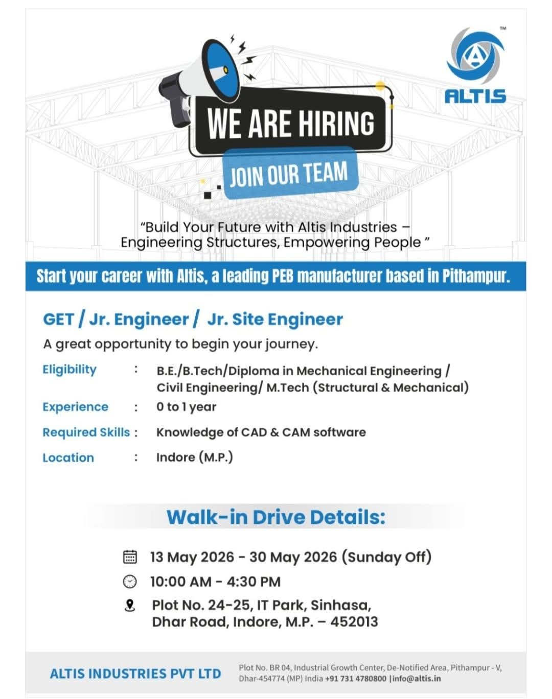 Hiring: GET / Jr. Engineer / Jr. Site Engineer at Altis Industries