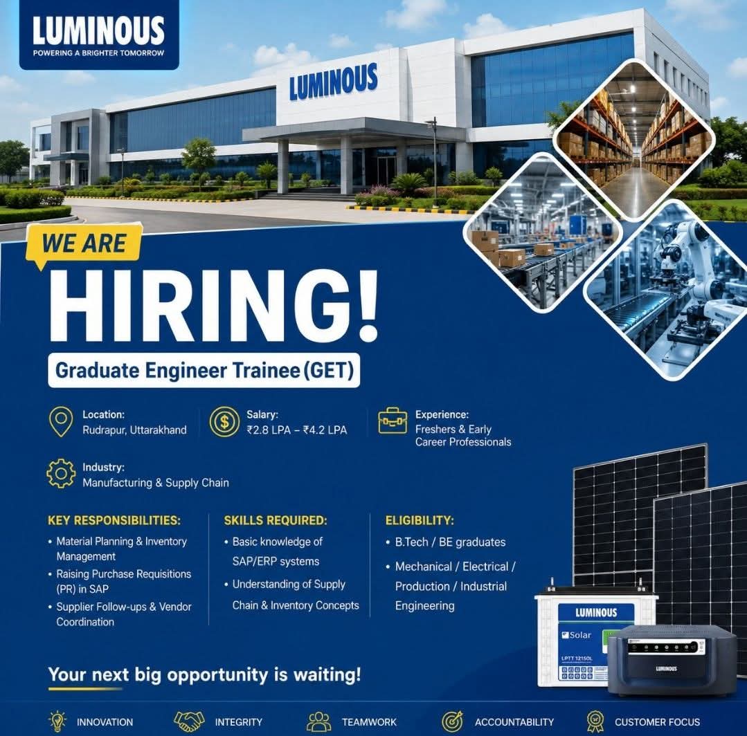 Hiring: Graduate Engineer Trainee at Luminous Power Technologies