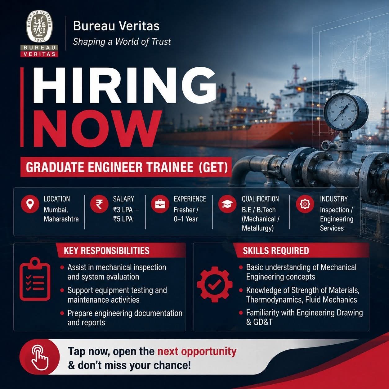 Hiring: Graduate Engineer Trainee (GET) at Bureau Veritas