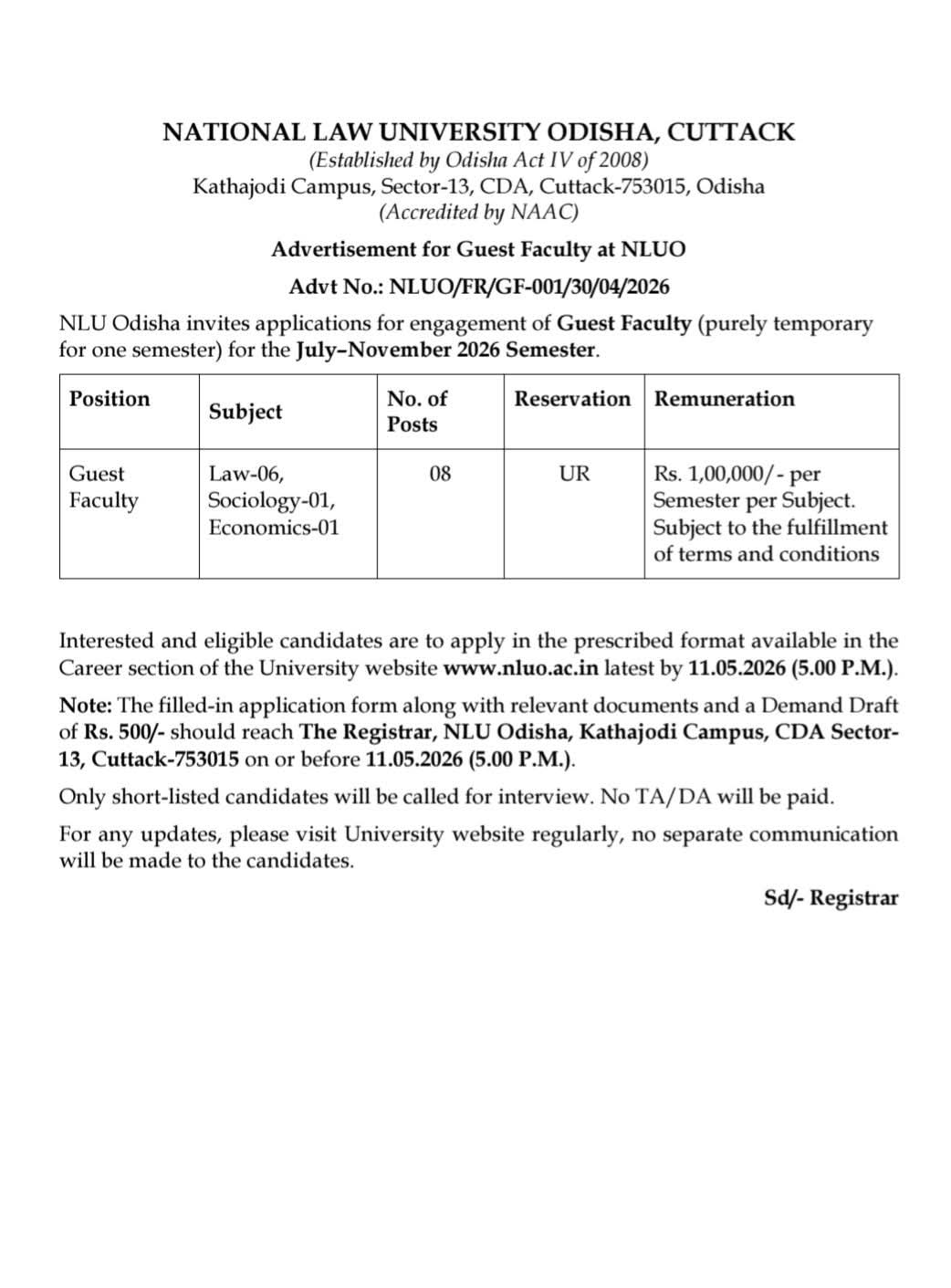 Hiring Guest Faculty at NLU Odisha