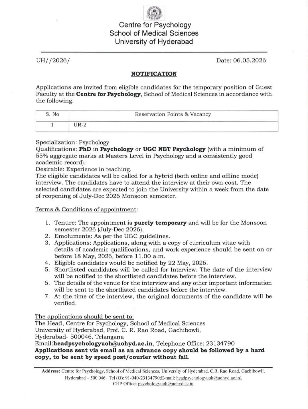 Hiring: Guest Faculty in Psychology at University of Hyderabad