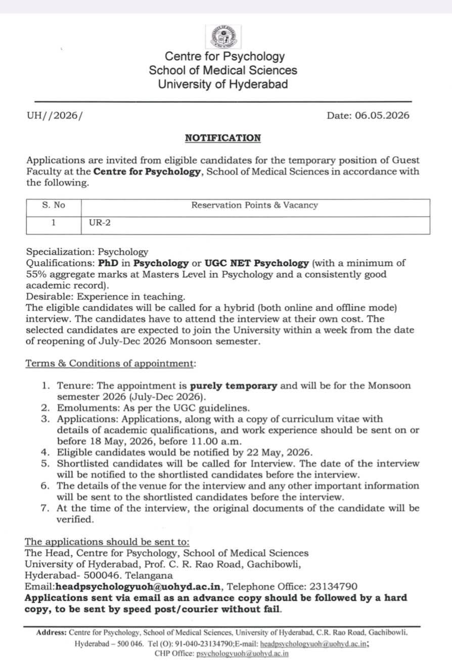 Hiring: Guest Faculty in Psychology (University of Hyderabad)