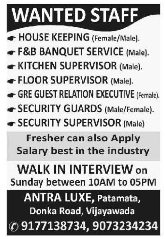 Hiring: Hospitality & Security Staff at Antra Luxe