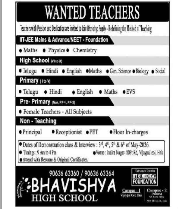Hiring IIT/NEET Foundation Faculty, Teachers & Staff at Bhavishya High School