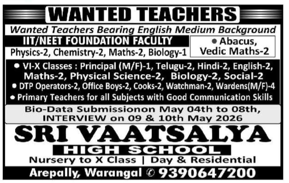 Hiring IIT/NEET Foundation Faculty, Teachers & Support Staff at Sri Vaatsalya High School