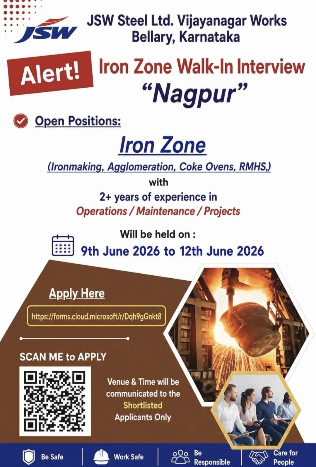 Hiring: Iron Zone Positions at JSW Steel