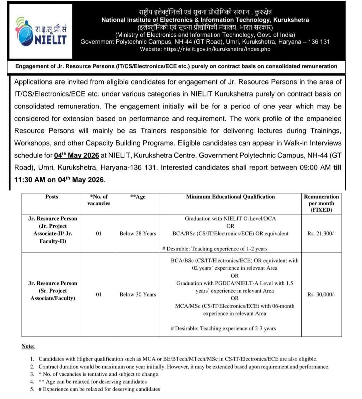 Hiring Jr. Resource Persons at NIELIT Kurukshetra
