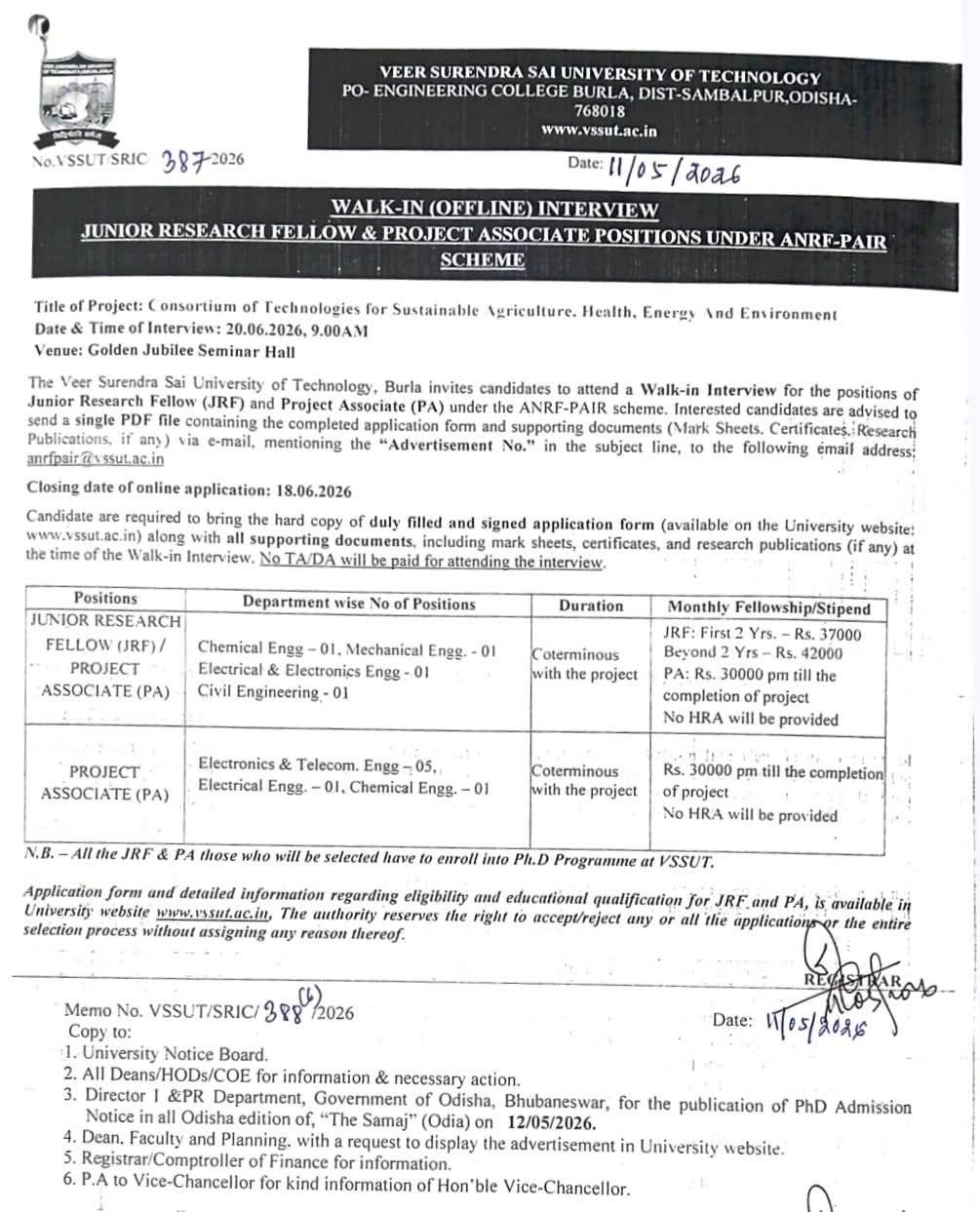 Hiring: JRF and Project Associate at VSSUT, Burla