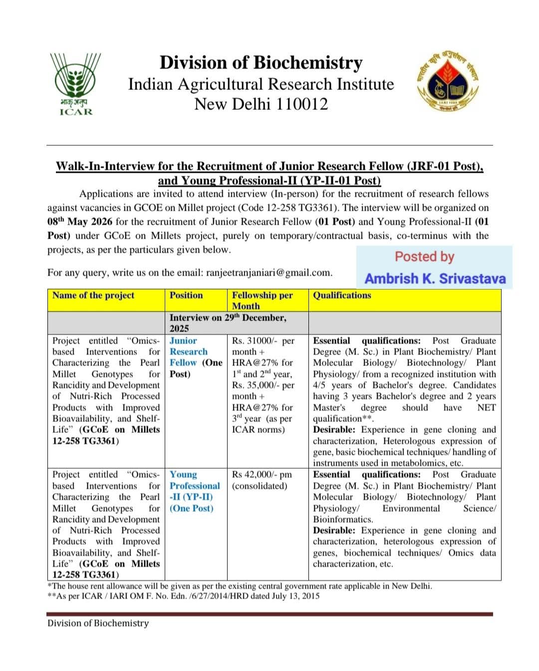 Hiring JRF & Young Professional-II - IARI