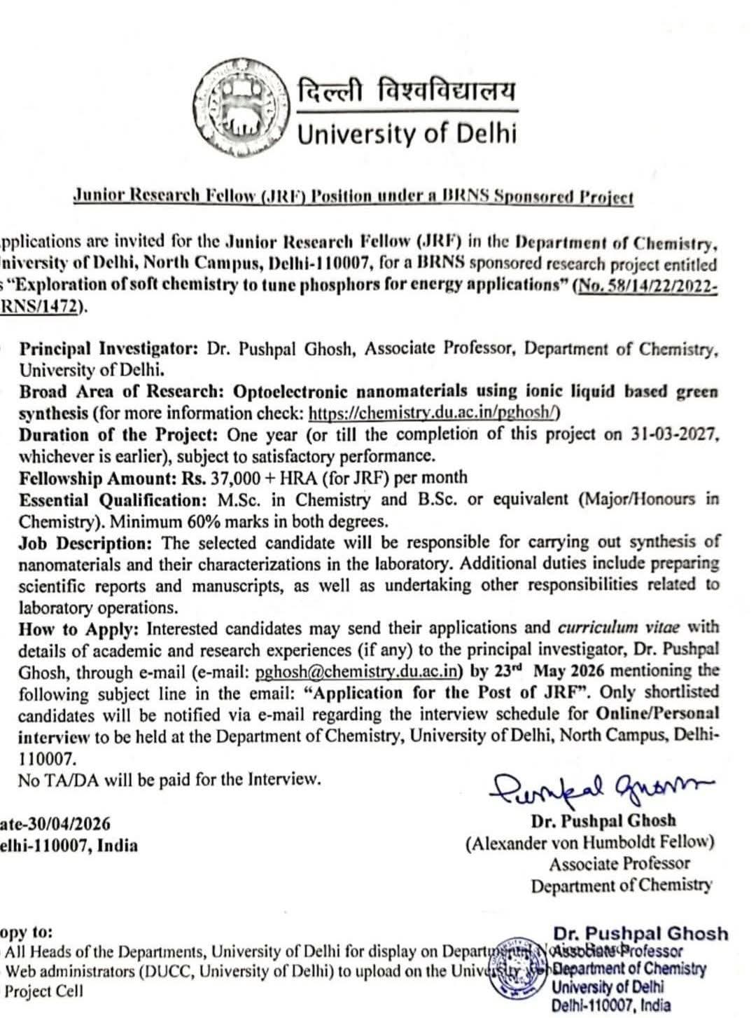 Hiring: Junior Research Fellow at University of Delhi