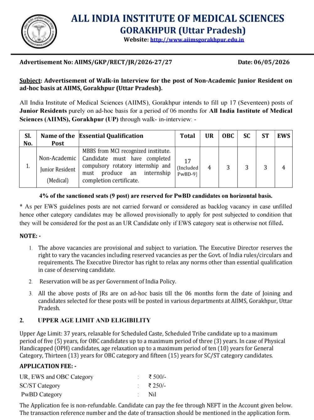 Hiring Junior Residents at AIIMS Gorakhpur