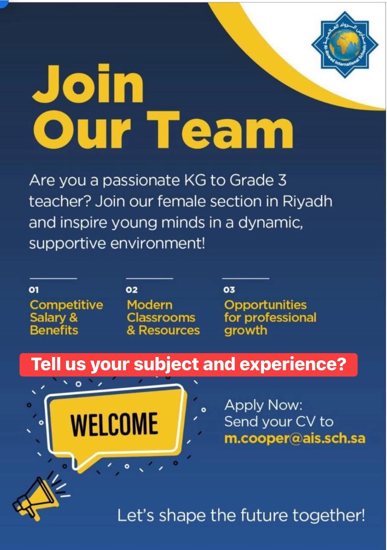 Hiring: KG to Grade 3 Female Teachers at Al-Rowad International School, Riyadh