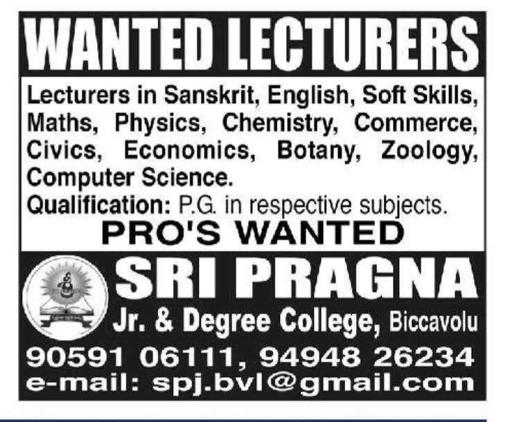 Hiring Lecturers and PROs at Sri Pragna Jr. & Degree College