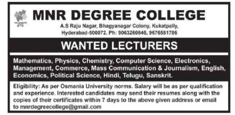 Hiring Lecturers at MNR Degree College