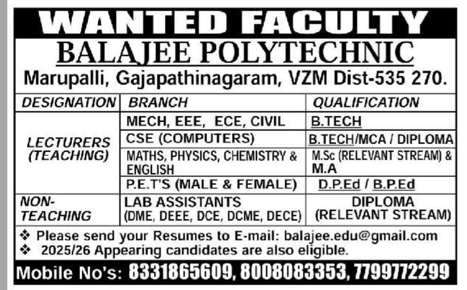 Hiring  Lecturers & Lab Assistants at Balajee Polytechnic
