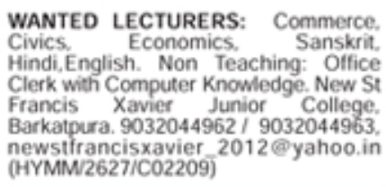 Hiring Lecturers & Office Clerk at New St. Francis Xavier Junior College