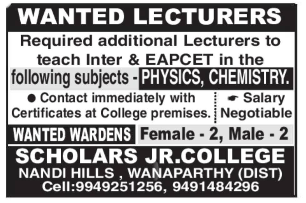 Hiring: Lecturers & Wardens at Scholars Jr. College
