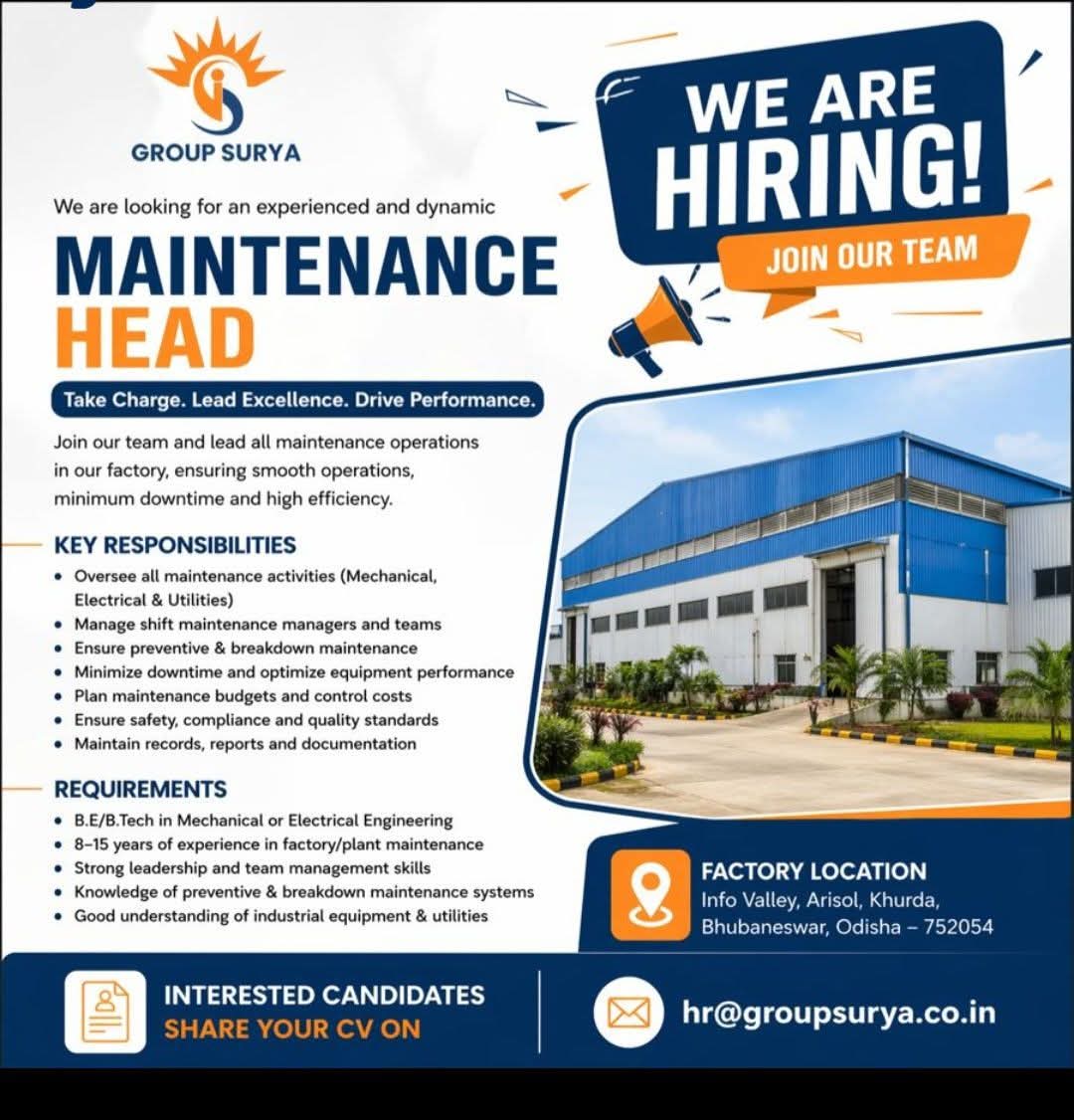 Hiring: Maintenance Head At Group Surya