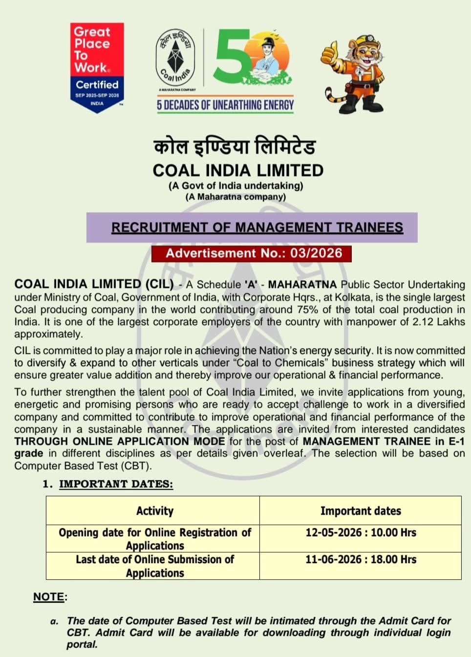 Hiring Management Trainees at Coal India Limited