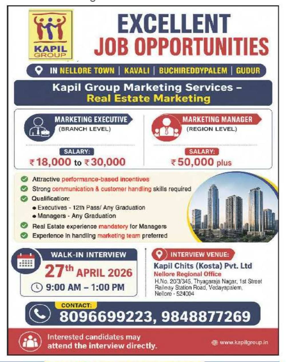 Hiring Marketing Executives & Managers at Kapil Group