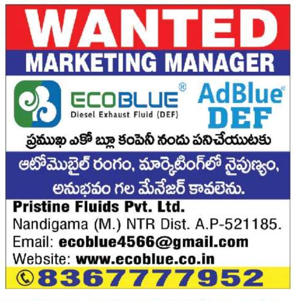 Hiring: Marketing Manager at Pristine Fluids Pvt. Ltd. (EcoBlue)