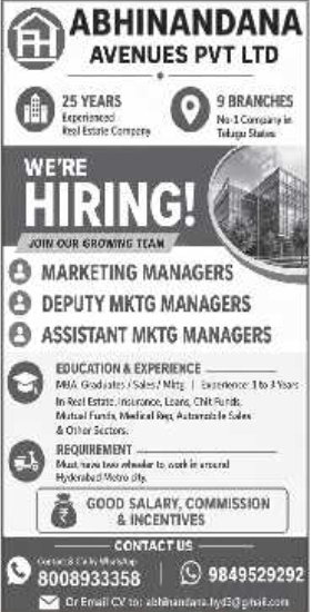 Hiring: Marketing Positions at Abhinandana Avenues Pvt Ltd