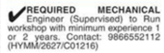 Hiring Mechanical Engineer for Workshop Management