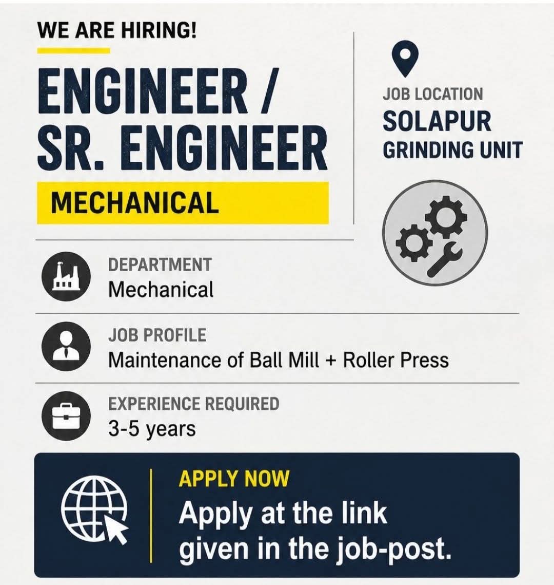 Hiring: Mechanical Engineer & Senior Engineer at Solapur Grinding Unit