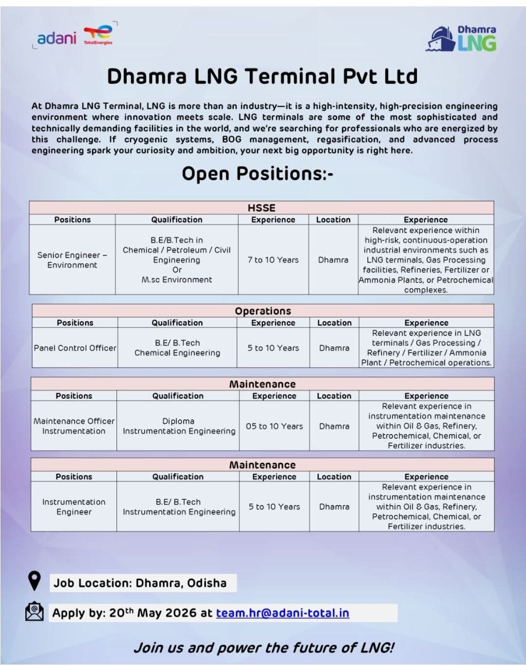 Hiring: Multiple Engineering Positions at Dhamra LNG Terminal Pvt Ltd