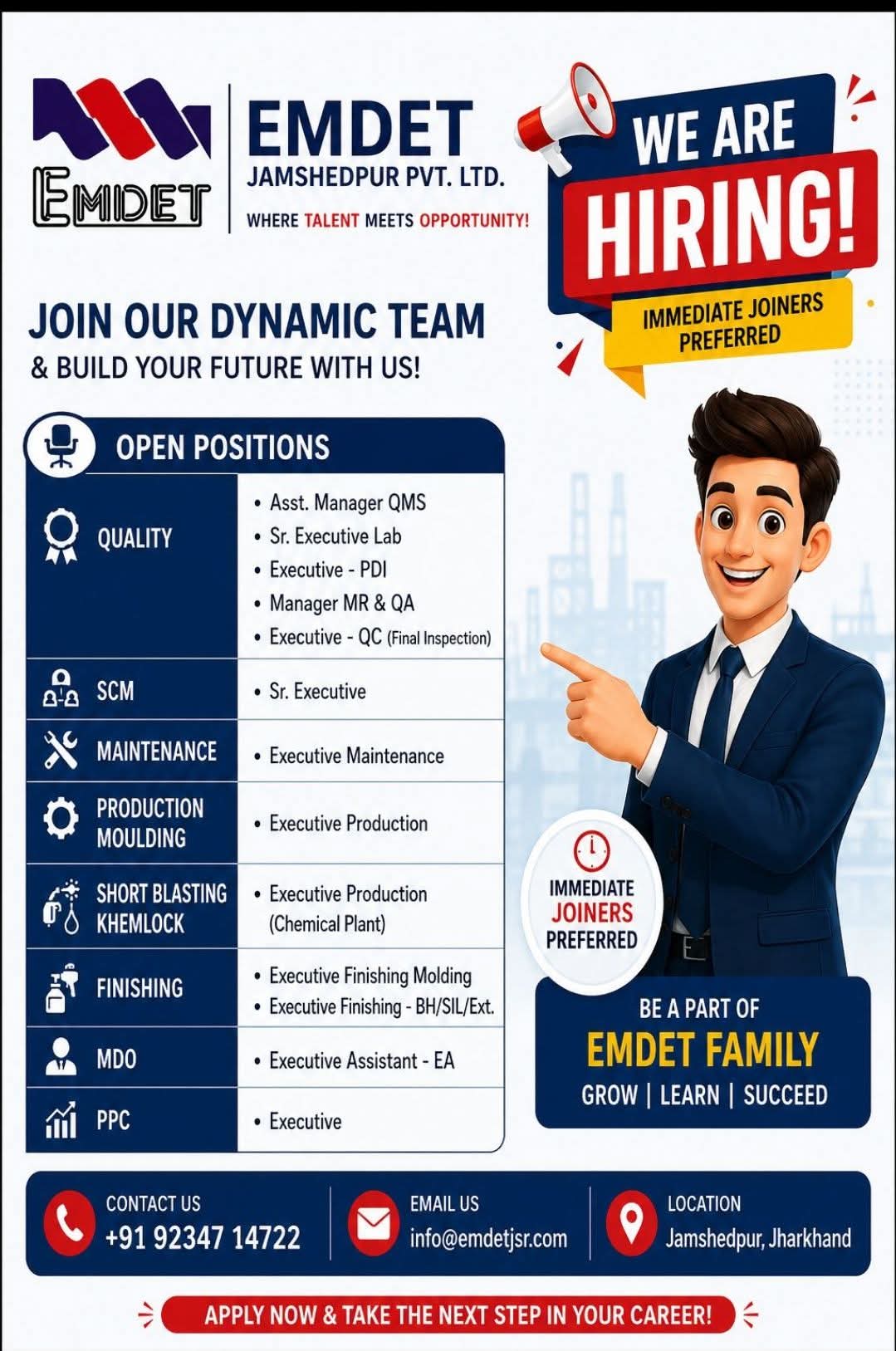 Hiring: Multiple Executive & Manager Roles at Emdet Jamshedpur