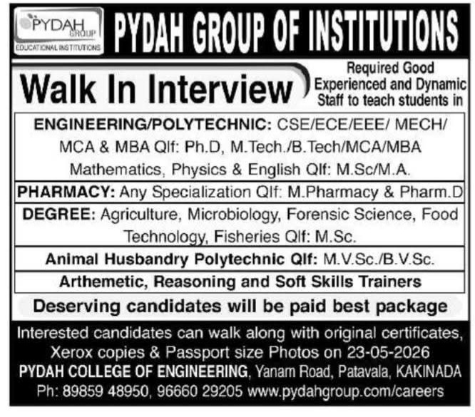 Hiring: Multiple Faculty Roles at Pydah Group of Institutions